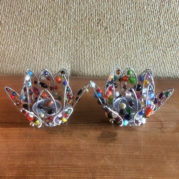 Lotus Flower Beaded Tea Light Candle Holder, Handmade in India, Indian Home Deco - Picture 1 of 5